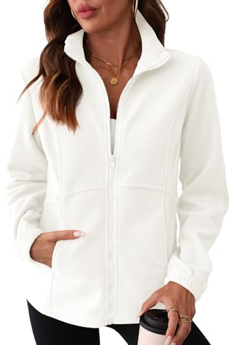 IECCP Womens Fleece Jackets Full Zip for Outdoor Sport Ladies Running Jacket Lightweight Warm Sweater Thin Coat Top (White,16-18)