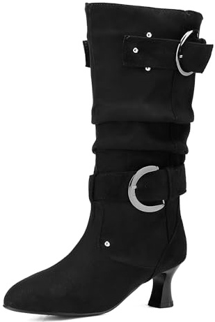 LarDorLin Donna Equestrian Senza Chiusura a Collo Alto Slouchy Stivali Punta Rotonda Inverno Vintage Tacco Gattino Riding Polacchine Fibbia Nero Numero 40.5 EU (42 CN)