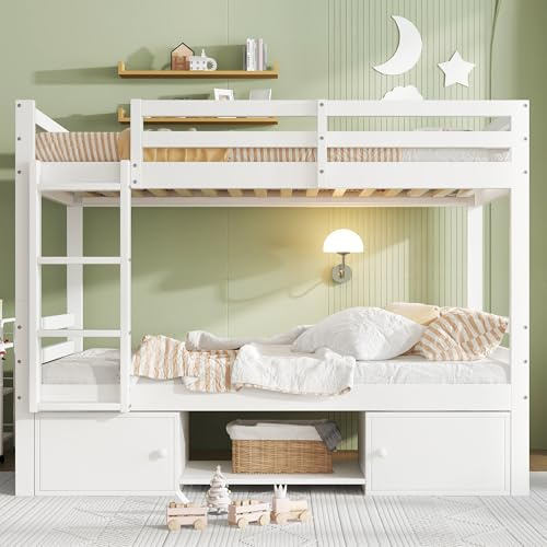 HaoChrymec Litera Infantil con Estantes y Armarios, Convertible en 2 Camas Individuales, Cama Juvenil con Somier de Madera, Dormitorio y Habitación Infantil, Blanco, 90 x 200 cm