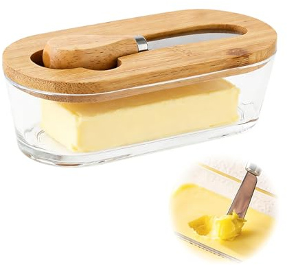 Glass Butter Dish with Wooden Lid, Oval Butter Keeper with Spreader