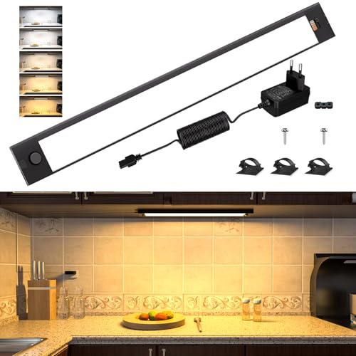 WOBANE 42cm Aluminium Unterbauleuchte Küche LED, 5 Farben Dimmbar, 800 LM | Helle Schrankbeleuchtung Flach für Regal,Arbeitsplatte,24V,Schwarz