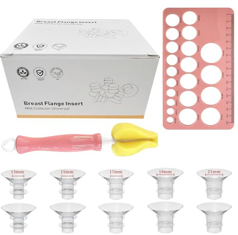 12 PCS Breast Pump Flange Inserts Set with Measuring Ruler and Cleaner 13/15/17/19/21mm for 24mm Flanges/Shield,Flanges Sizing Kit for New Moms,Silicone Flange Sizing Breast Pumps Accessories