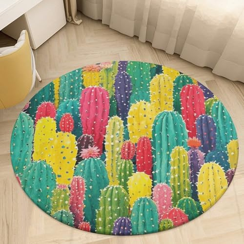 Soft Plush Round Area Rug 3' Thin 0.2 Low Pile Coral Velvet Non-Slip Colorful Cactus Pattern Circle Rugs Carpet Absorbent Quick-Dry Door Mat for Entryway Bathroom Living Room Bedroom Decor