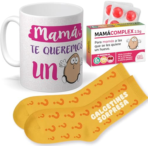 mundohuevo Regalo para Mamá | Taza de Cerámica + Calcetín Sorpresa + Caramelos Mamá Complex | Mamá te Queremos un Huevo | Detalle Original Día de la Madre