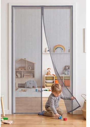 Mosquitera para Puertas 121 x 173 cm Kit de Instalación Completo Cortina Mosquitera Puerta Montaje Fácil de Pegar Proteger a su Familia Tallas a Medida, Gris