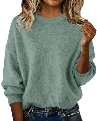 Jumpers for Women UK Ladies Jumper Winter Lightweight Sweater Soft Comfortable Long Sleeves Plain Fleece Pullover Solid Color Casual Sweaters Tops Fashion Slim Fit Fall Outfits Light Green XL