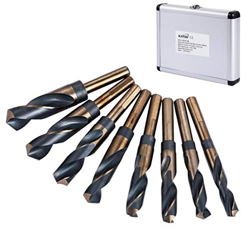 KATSU Bohrer mit Reduzierte Schaft 8 Stück, 9/16-1 Imperial High Speed Steel HSS Schmied Spiralbohrer 1/2 Schaft für Holz Metall Stahl im Aluminiumgehäuse 12697006