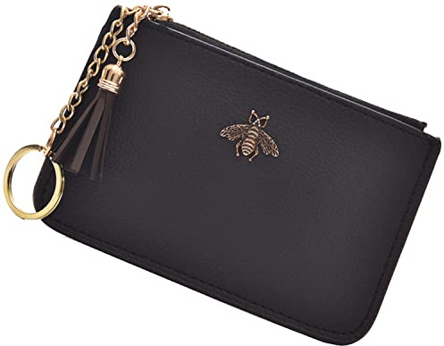AnnabelZ Coin Purse Change Wallet Pouch Leather Card Holder with Key Chain Tassel Zip(Black)