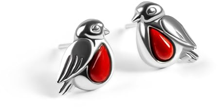 HENRYKA Robin Stud Earrings 925 Sterling Silver & Red Coral | Highly Detailed Classic British Bird Design | Great Year-Round Gift for Bird Lovers | 10 mm x 7 mm | Hypoallergenic | Presentation Box