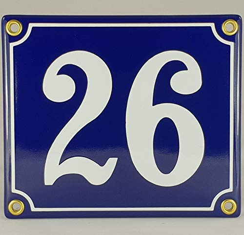 Hausnummer Emaille Schild Nr. 26 Blau-Weiß Handarbeit mit Schrauben und Dübel zur Montage