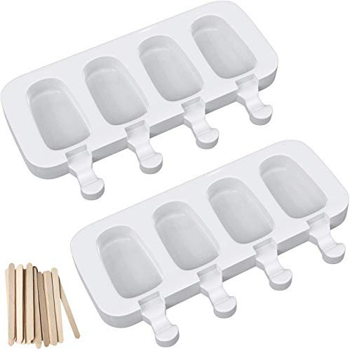 Molde de crema helada, 2 unidades, silicona, 4 celdas Pop Ice Lolly para hacer postre congelado Popsicle – Molde de silicona para reutilizables – con 50 palitos de madera
