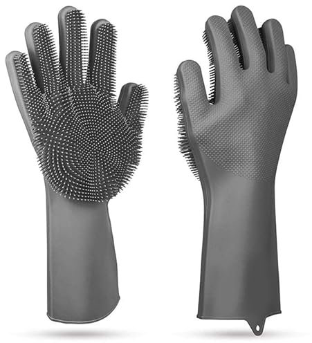 Onlineforu lTD Magic Cleaning Gloves Grey Reusable Silicone Cleaning Gloves Dishwashing Scrubber ，Dish Wash Scrubbing Sponge Gloves with Bristles, Great for Washing