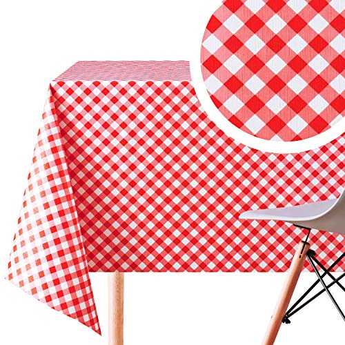 KP HOME Wachstischdecke mit Karomuster Weiß und Rot, Rechteckig 300 x 140 cm - 10 Sitze - Wasserdichtes Wachstuch Schweres PVC Schachbrettmuster - Pflegeleicht Überprüfen-Muster Abwischbare Tischdecke