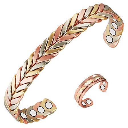 Juego de 2 pulseras magnéticas de cobre puro trenzado, 99,9 % para mujeres y señoras para alivio del dolor para artritis con imán de 8 + 4, longitud ajustable