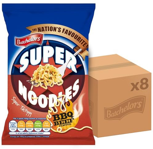 Batchelors Super Noodles Tasty BBQ Beef Flavour, Instant Snack Ready in 4 Minutes, 90 g Packet (Pack Of 8)