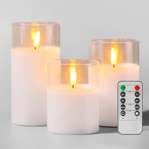 Tyawon Glass Battery Operated LED Flameless Candles with Remote and Timer, Real Wax Candles Warm Color Flickering Light for Festival Wedding Home Party Decor(Pack of 3)-White