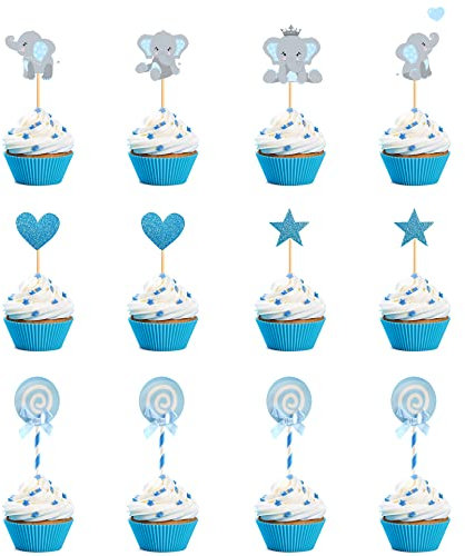 JKJF Juego de 50 adornos para magdalenas de elefante, color azul, decoración tarta baby shower pentagrama amor piruleta decoración de pasteles para niños fiesta cumpleaños fiesta revelación género