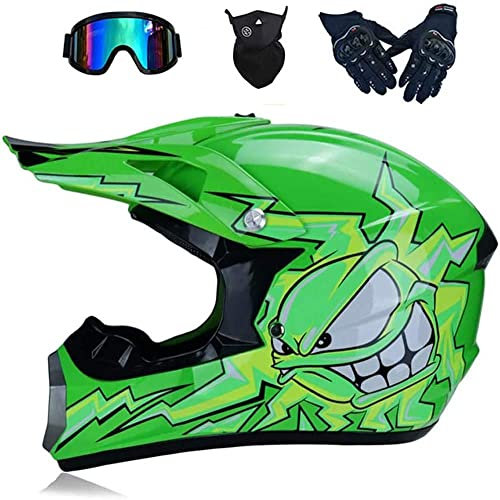 LVSENET Adulte Casque de Motocross, Vert Monster Casque de Cross avec Lunettes Gants Masque,Moto Sport Off-Road Racing Downhill Enduro Casque Quad Motocyclette (A,L)