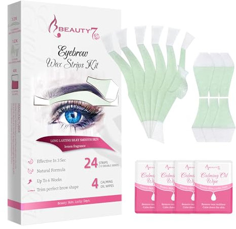 Beauty7 Bandes de Cire Froide Dépilatoire pour Sourcils Lèvre, l'épilation des Visage Formule de Cire pour Peaux Sensibles 24 Bandes + 4 Lingettes Apaisantes