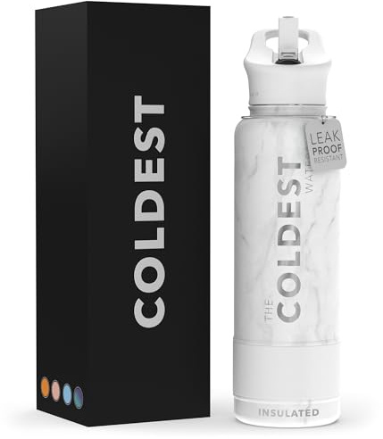 Coldest Insulated Water Bottle with Straw Lid - Stainless Steel Metal Insulated Bottle for Men & Women (Carrara Marble, 40 oz)