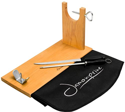 Jamonprive Professional Ham Stand with Ham Knife + Sharpening Steel + Ham Cover - Ham Holder Ideal for Serrano Ham, Iberico Ham and Italian Prosciutto