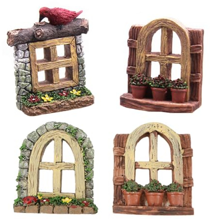 GANAZONO Miniatur Gartendeko Feenhaus Fenster Set 4 Stück Aus Harz | Mikro Landschaftsverzierung für Sukkulenten Blumentopf, Innen & Außen, 2.36x1.97x0.79 in feengarten zubehörbaumhausdeko