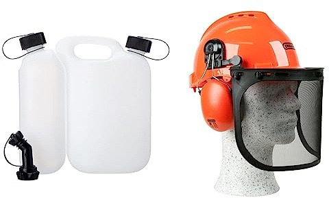 Oregon Kombi-Kanister für Kraftstoff und Kettenöl, 5L + 3L, Transparent & Yukon Kettensägen-Sicherheitshelm mit Gehörschutz und Netzvisier, Orange, Einheitsgröße