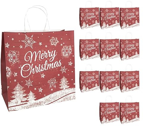 Idena 30362-12 - Geschenktüten Merry Christmas, 12 Stück, 28 x 28 x 15 cm, Papiertüten, Geschenktaschen, Weihnachtstüten