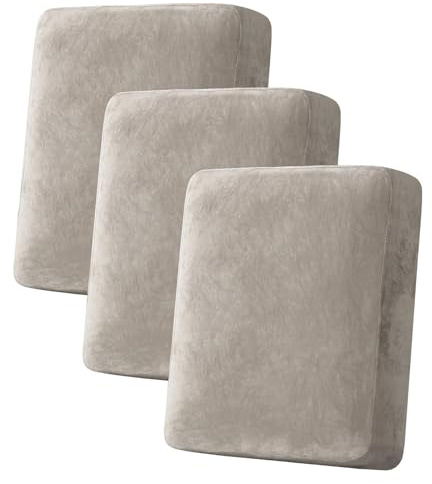 H.VERSAILTEX Velvet Stretch Couch Cushion Cover Plush Cushion Slipcover for Chair Loveseat Sofa Cushion Furniture Protector Seat Cushion Sofa Cover (3 Piece Sofa Cushion Covers, Oatmeal)