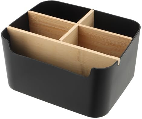CHEUKYIU Bambus Tisch Organizer, 5 Fächer Holz Desktop Stift, Desktop Stationery Storage Box, für Stifte, Mobiltelefone, Make Up und Kleine Gegenstände, 18.2 x 14.6 x 9.3 cm Schwarz