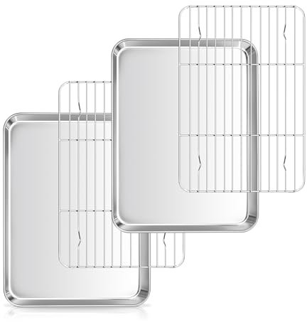 Herogo Teglia da forno con griglia di raffreddamento, teglia in acciaio inox con griglia per torta (2 teglie, 2 griglie di raffreddamento), mini teglia da forno