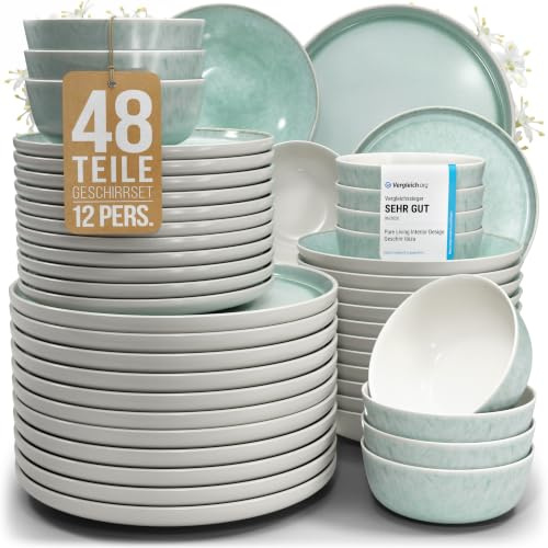 Steingut Geschirrset 12 Personen Ibiza 48 tlg. TESTSIEGER, Traumhaftes Mediterranes Steingut Geschirr Set, Schüssel- und Teller Set, Tafelservice 12 Personen, Geschirrsets Pure Living in Türkis