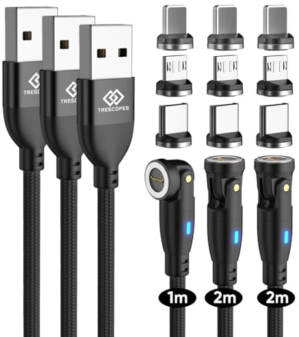 Trescopes 9 Pin Magnetic Fast Charging Cable, [3 Pack], 540° Rotating Heads. Data Transfer. Micro USB, Type C, compatible with all Smartphones. USB C Charger