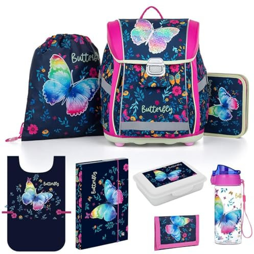 OXY BAG Schulranzen 8 TLG Ergonomische Schulranzen Set Schmetterling Sportbeutel Federmappe Kunstponcho Trinkflasche Snackbox Schulset mädchen für 1. - 3. Klasse Back to School