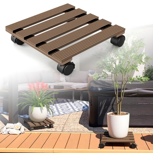 Jopassy 4X WPC Pflanzenroller 30x30CM, Blumenroller Tragkraft 80 KG, Rolluntersetzer mit Rollen, Rollbrett für den Innen- und Außenbereich, Kübelroller für Pflanzen, Blumentopf (Eckig Braun)