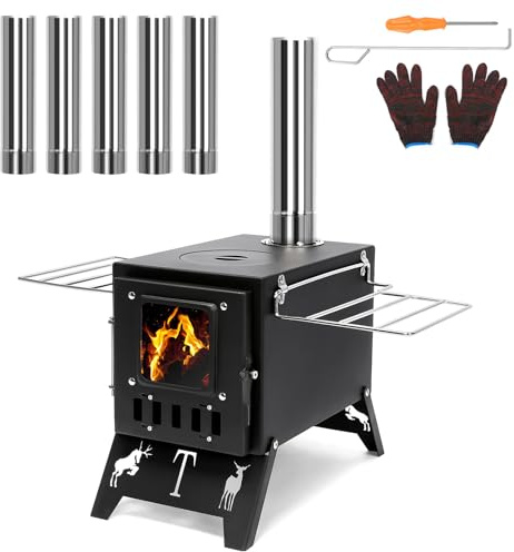 GFTIME Estufa de camping portátil con 5 chimeneas y patas plegables para camping, jardín, cocina al aire libre, estufa de jardín, estufa de leña con 1 par de guantes, 1 destornillador Phillips