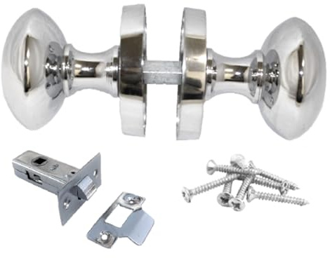 Epsom Door Handle Polished Chrome Victorian Style Round Door Knob Set with 63mm Tubular Latch, Sprung Internal & External Door Knobs (1 Pair)