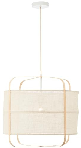 Lightbox Boho Hängelampe mit beigem Bambus/Stoff Lampen-Schirm | 150 cm Höhe, Ø 55 cm | kürzbare Pendelleuchte für das Schlafzimmer | E27 Fassung | aus Metall/Bambus/Textil | in Hell-Braun/Beige