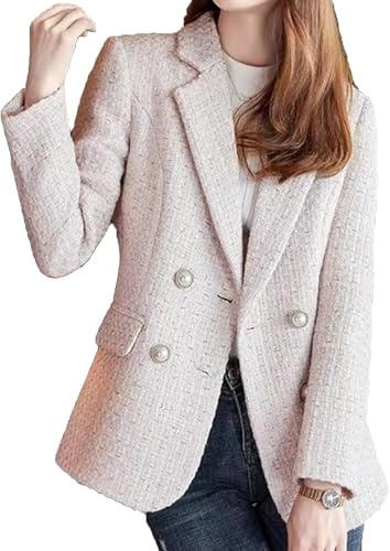 Blazer da Donna in Tweed Moda Girocollo Classico Doppio Petto Abbottonatura Ufficio Business Casual Blazer Manica Lunga Cappotto Sottile