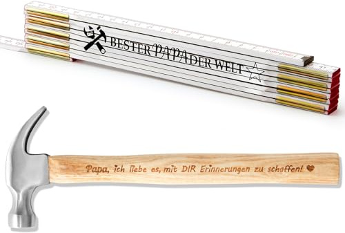 SATINIOR Bester Papa Geschenkset Zollstock Holz Gliedermaßstab Holzhammer mit Gravur Klauenhammer aus Holz Geschenk mit Geschenkbox für Papa Opa Väter Weihnachten Geburtstag