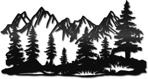 CREATCABIN Décoration Murale Métal Montagne et Forêt Décoration Murale Métal Noir Sculpture Fer Suspendre Un Arbre Ornement Extérieur Panneau pour Salon Maison Bureau Jardin Balcon Décoration 30x16cm