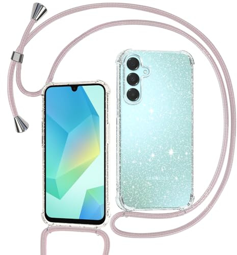Tikgue Handykette für Samsung Galaxy A16 5G Hülle mit Band, Handyhülle mit Kordel zum Umhängen Schutzhülle mit Kette Glitzer Transparent Weich TPU Silikon Bumper - Roségold