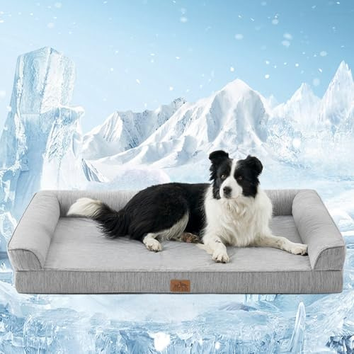 COZY KISS Letto Refrigerante Ortopedico per Cani di Taglia XXL 122x81x19 cm - Divano Ergonomico per Cani con Rivestimento Rimovibile e Lavabile & Schiuma a Nido d'Ape, Impermeabile, Grigio Argento