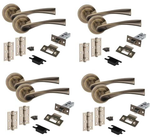 Golden Grace Astrid Door Handles, Antique Brass Latch & Hinges, 4 Sets | Includes 3-inch ball bearing hinges and a 63mm tubular latch for quick, reliable fitting on interior doors.