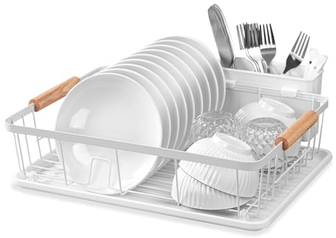 DPWEION Dish Drainer Rack for Kitchen-Metal Dishes Drying Rack with Drip Tray/Cutlery Holder/Wooden Handles-Draining Board Racks(43x31x12cm,White)