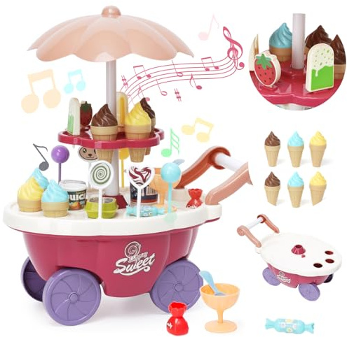 Ice Cream Toys Set 36pcs Kids Play House Pretend Play Kitchen Accessories with Large Storage Candy Cart with Role Play Food Rotatable Pretend Play with Music Early Educational Toy