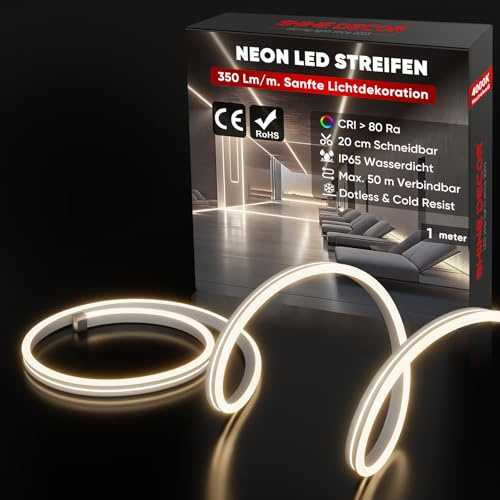Shine Decor Neon LED Streifen 1m, AC 230V IP65 Wasserdicht LED Band, 120 leds/m Flexible LED-Neon Lichterketten für Home Decoration Küche Garten Beleuchtung (1M, Neutralweiß, CE Zertifiziert)