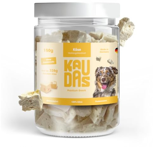 KAUDAS KäsePur Natursnack – 3 x 150g gefriergetrockneter Käse Leckerli Hund mit hohem Proteingehalt, 100% natürlicher Hundesnack aus je 326g Rohgewicht – ohne Zucker, Getreide & Zusatzstoffe