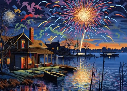 Bullglesup Jigsaw Puzzles for Adults 1000 Pieces, Fireworks and Pond with Poster Interlock Perfectly Letter on Back No Dust, Home Decor Birthday Party Gift Toy for Elders Seniors (27.5x19.6)