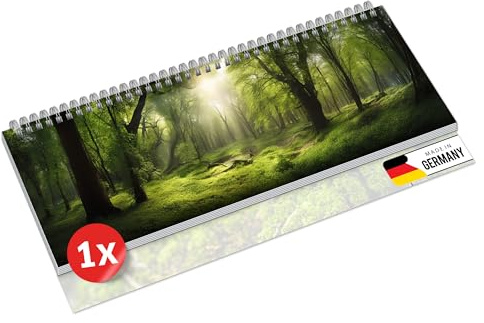 PRIMUS PRINT Bordskalender 2026 liggande veckokalender – 64 sidor möteskalender och årskalender – 297 x 130 mm – 75 g naturpapper, trådkambindning, helgdagar och skolsemester – [Individuellt – träd]